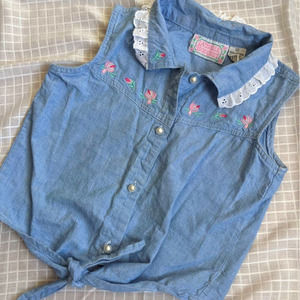 Vintage Sleeveless Embroidered Tie Front Shirt
